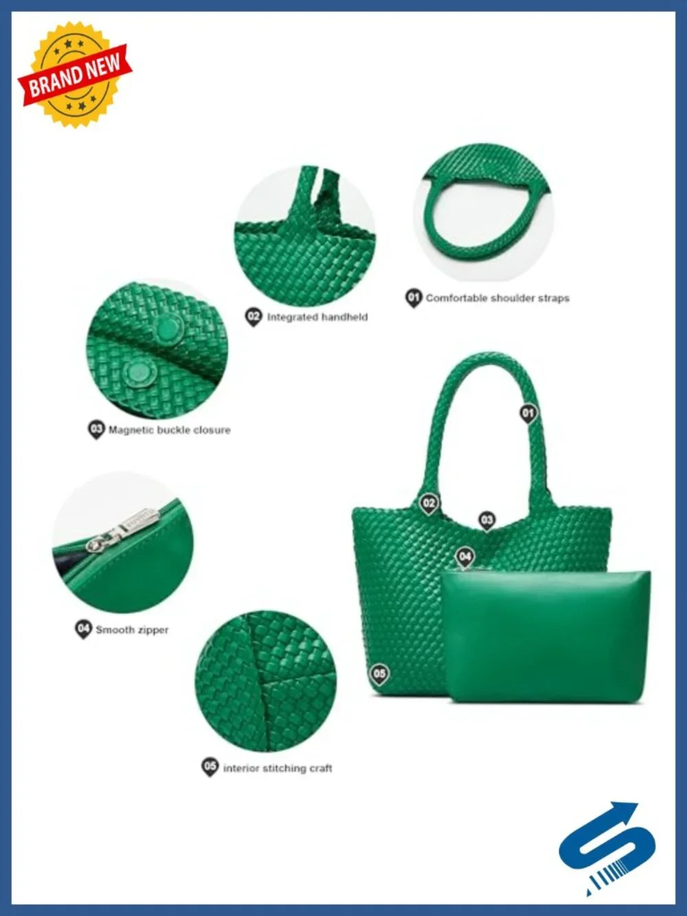 Vegan Leather Woven Tote Bag for Women with Detachable Clutch